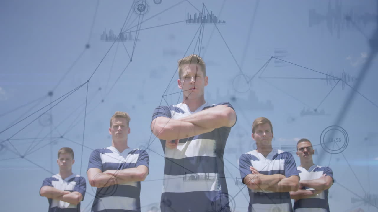 Standing confidently, rugby players with animation of digital network graphics