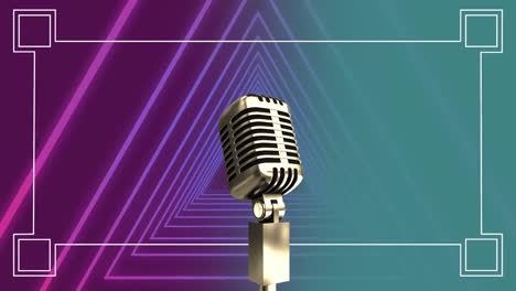 Animation-of-microphone-over-triangular-shapes-in-seamless-pattern-against-purple-background