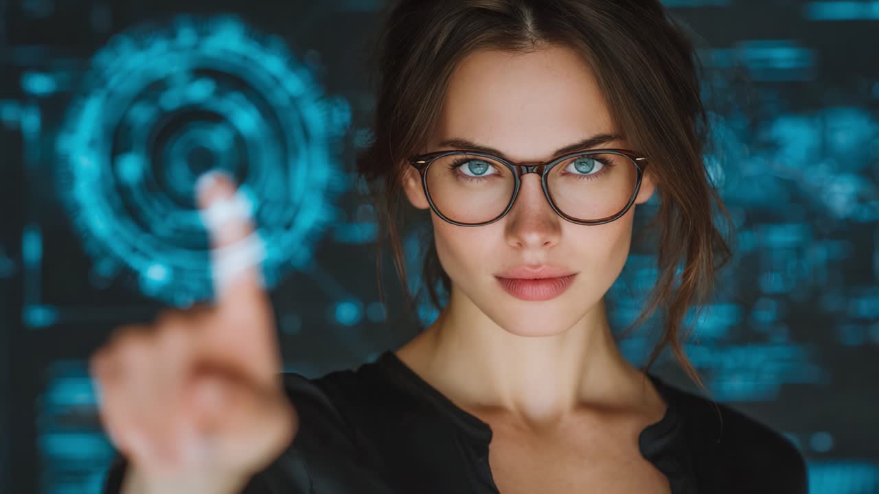 A confident young woman engaging with digital technology, showcasing her focus and determination while interacting with futuristic holographic interface elements