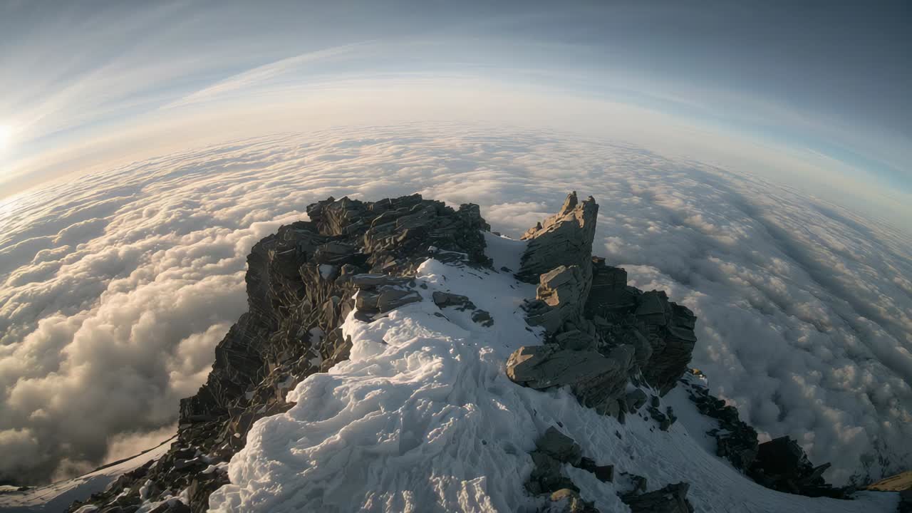 Drone giratório revelando o pico de uma montanha rochosa com uma torre de rocha à direita, neve, mar de nuvens e sol baixo