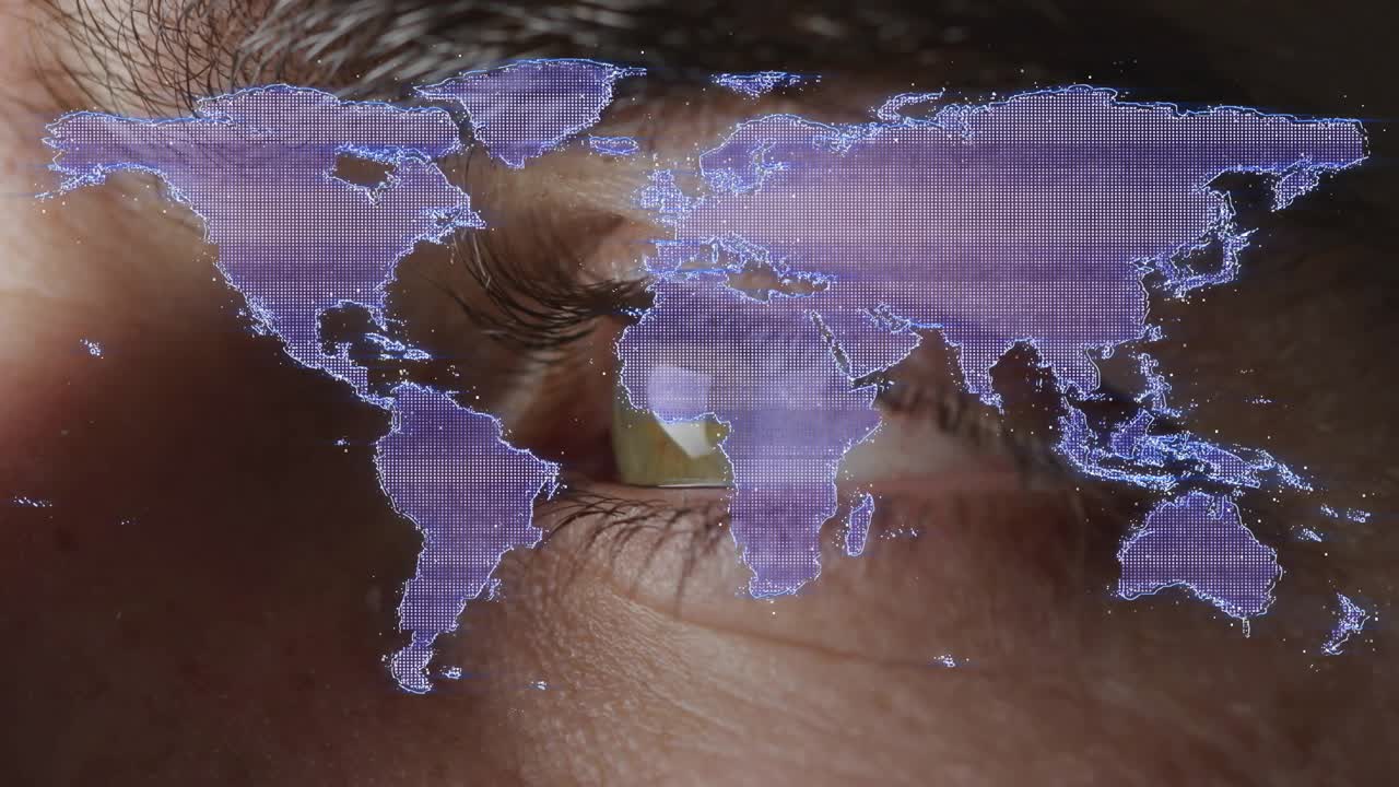 Male eye, purple world map overlay appearing and glitching into dotted network showing data in tech