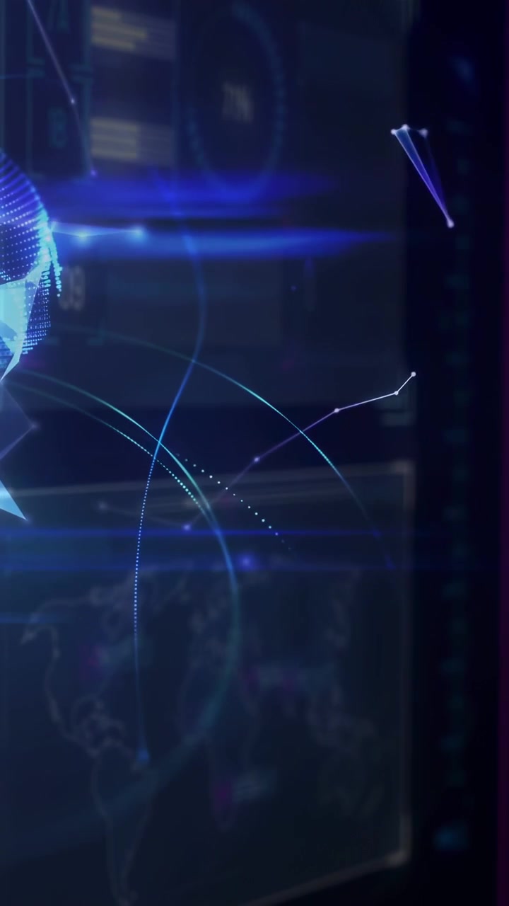 Vertical video: Nodes starting right, joining shards, forming globe and showing global data on HUD