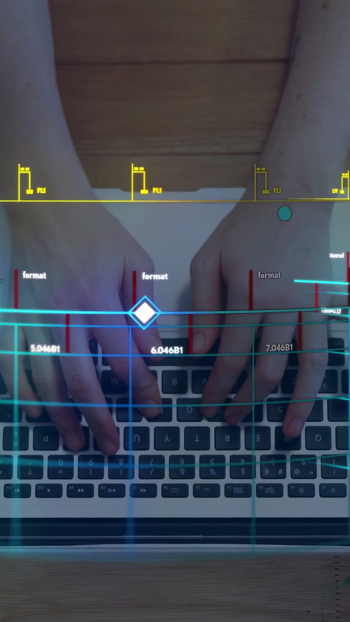 Vertical video: Fingers hovering starting hands typing, orange LED lighting as HUD syncing feedback