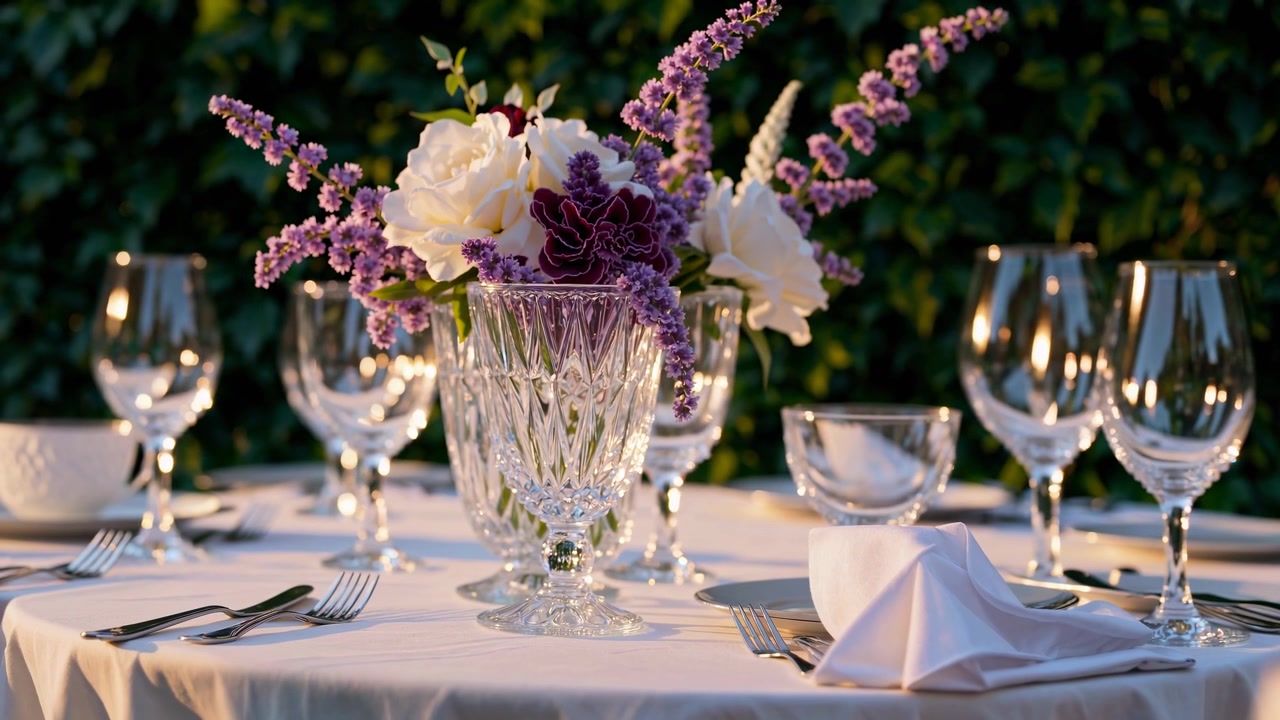 Elegant Table Setting with Floral Centerpiece for Outdoor Dinner