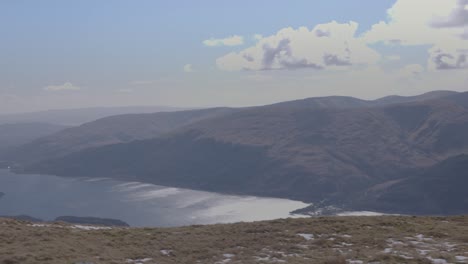 slow panning shot revealing loch lomond and the surrounding mountains