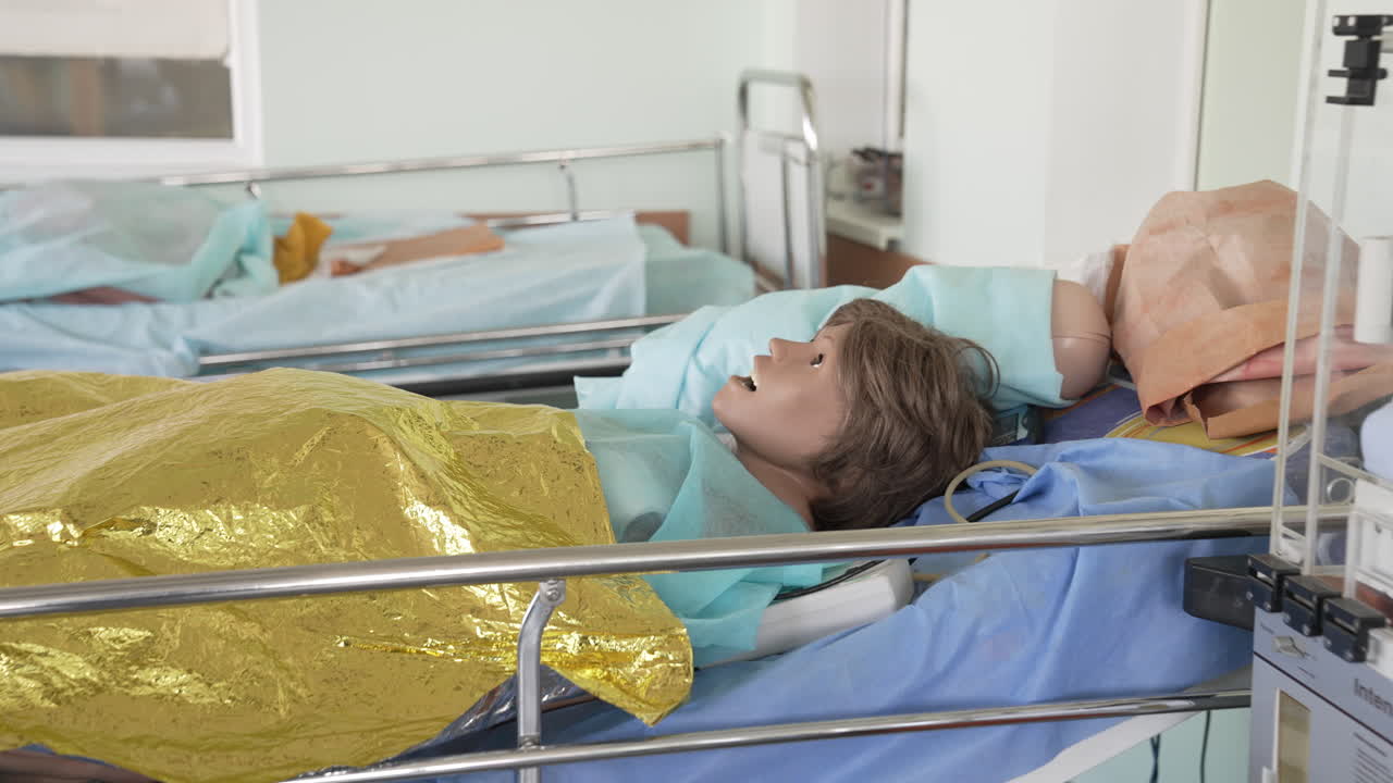 Training medical mannequins in training audience. Simulation medical manikin for training medical students