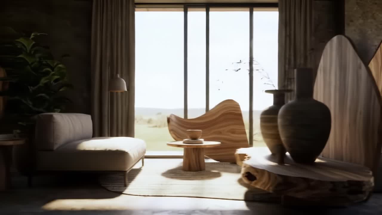 A Modern Interior Design Showcasing Organic Shapes and Natural Light in a Stylish Living Space with Artful Furnishings and Serene Atmosphere