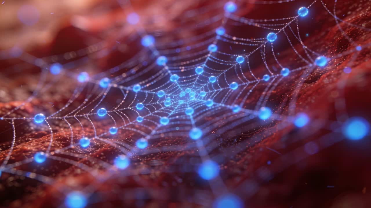 Shifting camera revealing pulsing web-like filament network at macro studio, with bright blue nodes
