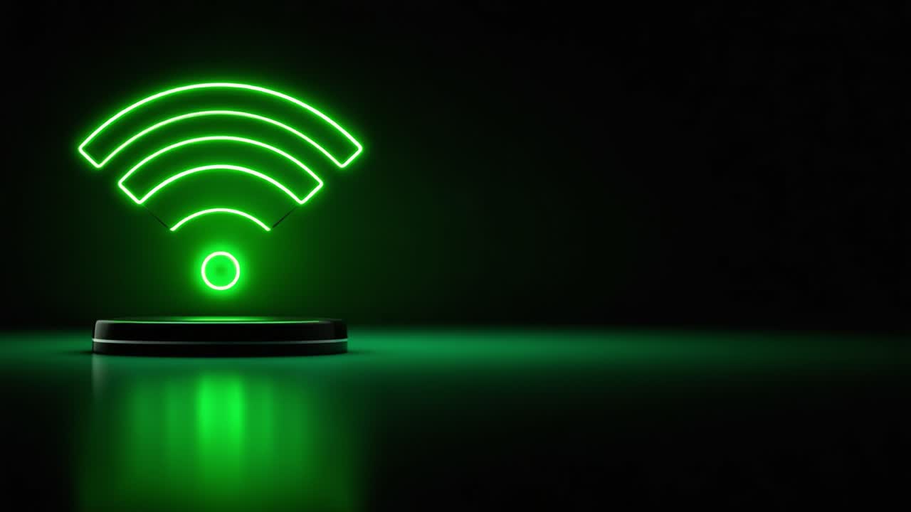 Un sorprendente display digitale che mostra un simbolo WiFi verde illuminato su uno sfondo nero, rappresentando connettività e tecnologia nella comunicazione moderna.