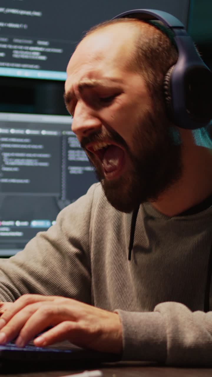Vertical video: Database admin having fun listening to music on headset