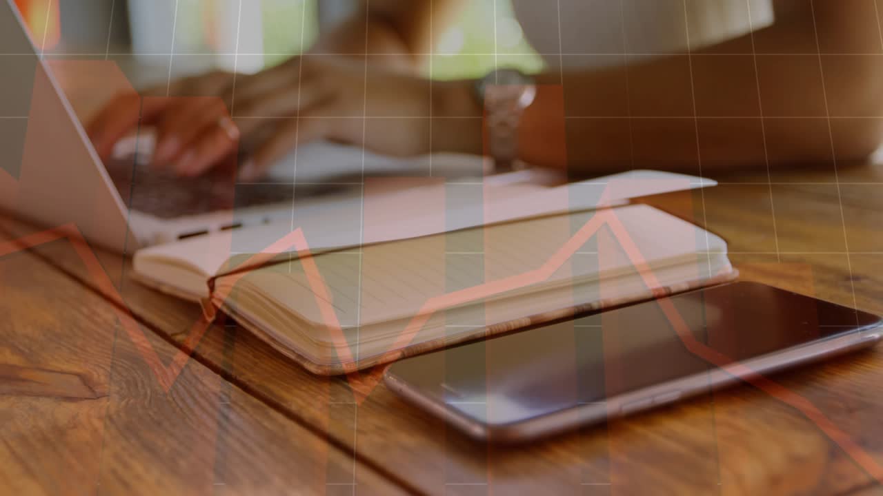 Phone and notebook staying still while woman moving hands to keys and typing, business data overlay