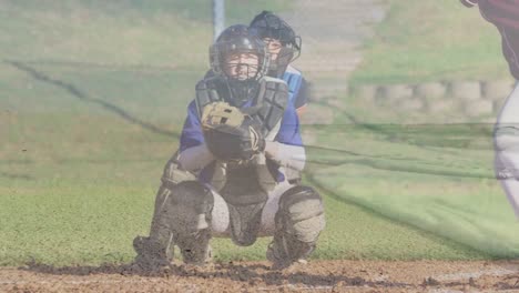 animation of seascape over caucasian boys playing baseball