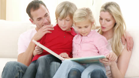 panorama of family reading on the sofa