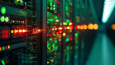 a row of servers in a server room with green and red lights