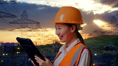 vista lateral de cerca de una ingeniera asiática con casco de seguridad trabajando en una tableta mientras está de pie cerca de una torre de alto voltaje