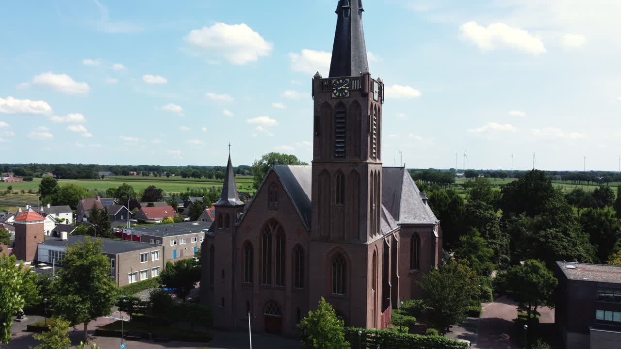 Aerial view of a church in a Dutch village
