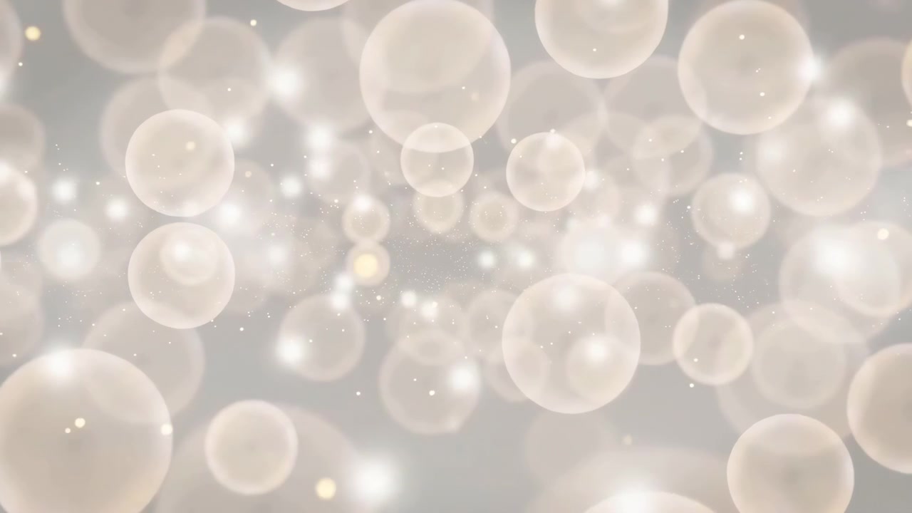 Sfondo astratto in movimento di elementi bokeh circolari traslucidi sovrapposti che si muovono verso l'interno e diventano più densi verso il centro, creando profondità a strati, lieve occlusione, bagliore soffuso e una calma neutra
