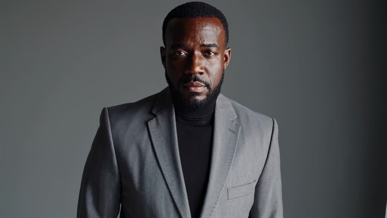 Professional businessman standing confidently in gray suit and black turtleneck, posing against neutral gray studio backdrop, radiating corporate elegance