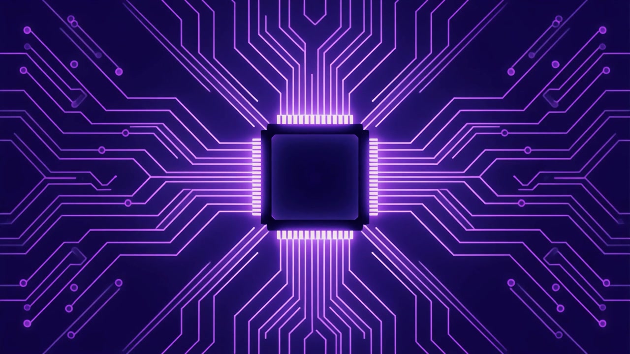 Digital kredsløbskortanimation med glødende lilla processorchip