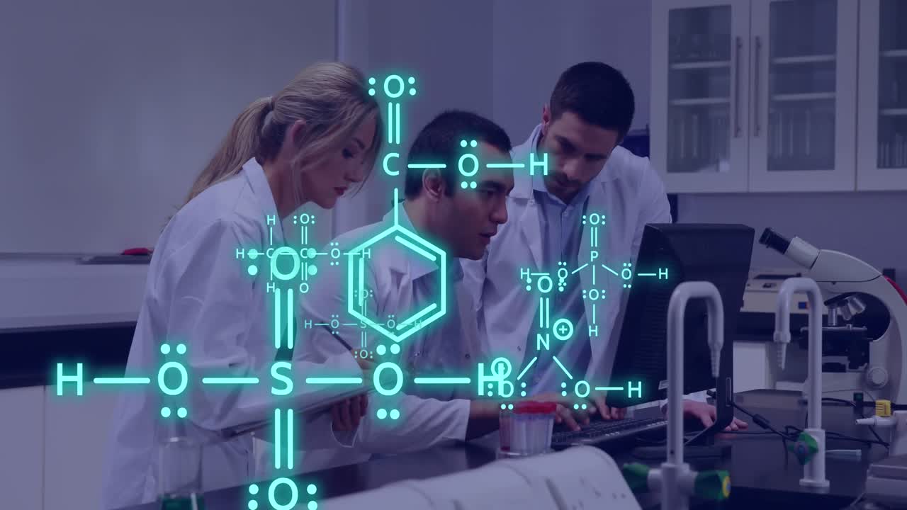 animación de ecuaciones y procesamiento de datos sobre diversos científicos en el laboratorio
