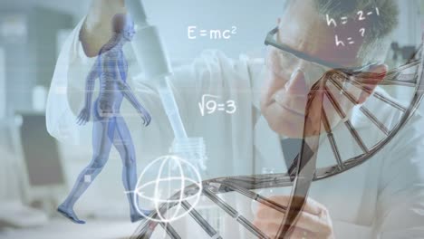 Animation-of-spinning-dna-strand-and-mathematical-formulas-over-scientist