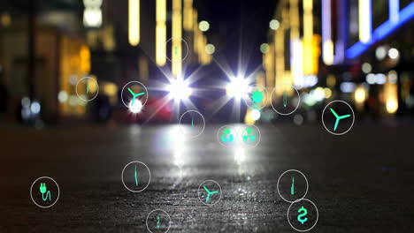 energía y iconos de tecnología animación sobre la calle de la ciudad con luces brillantes