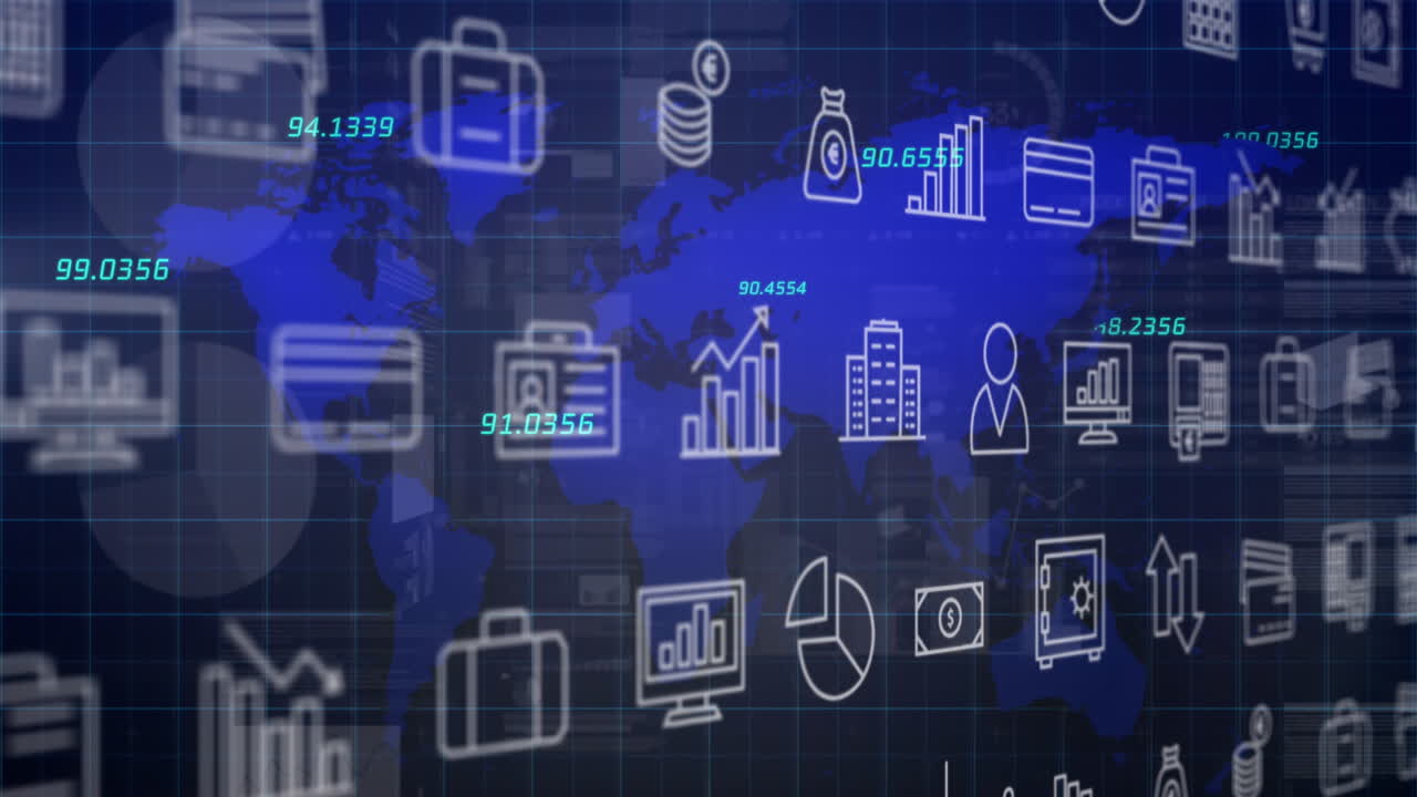 animación de iconos y procesamiento de datos sobre el mapa del mundo
