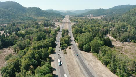 a drone aerial of a freeway in the pacific northwest of oregon, usa