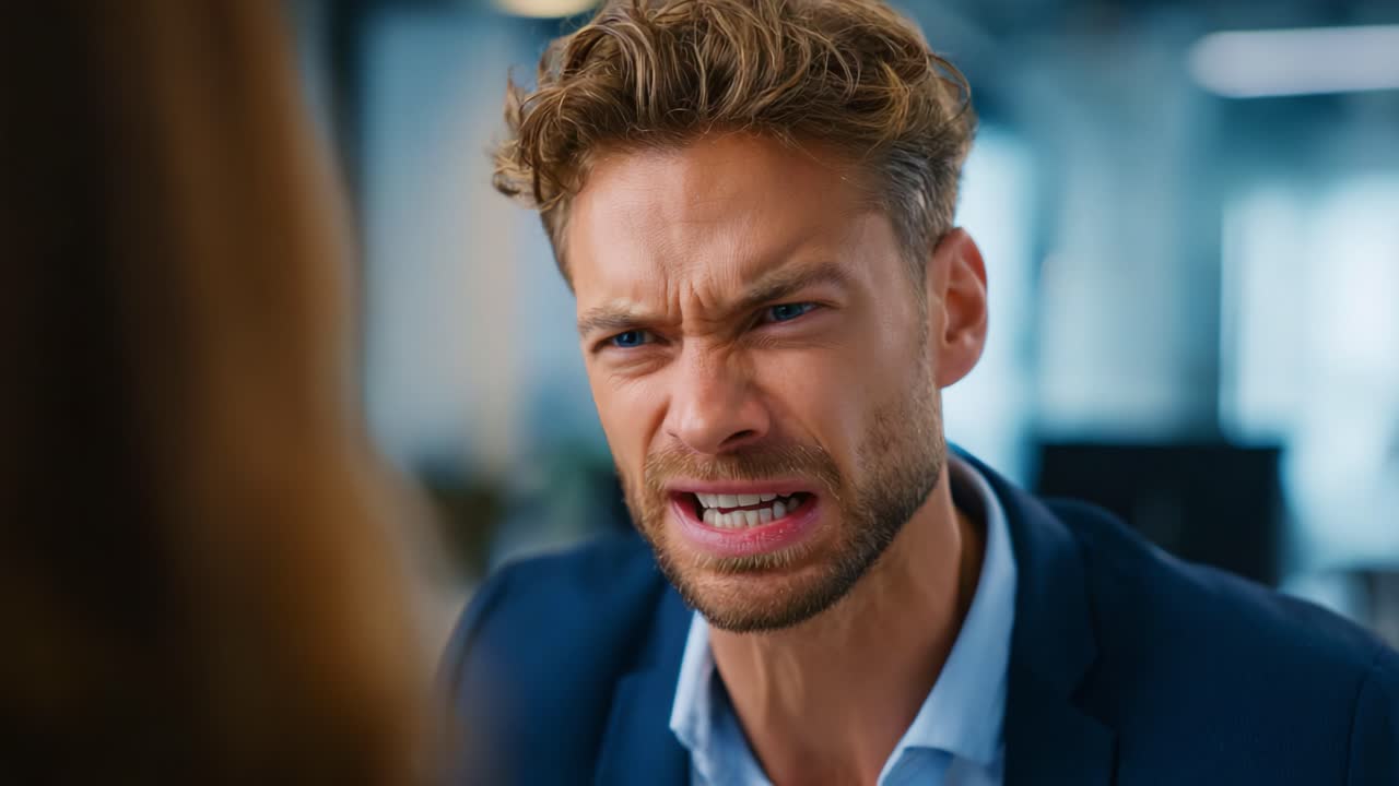 Intense Emotional Exchange: A Man Displays Anger and Surprise During a Disagreement in a Professional Setting, Capturing Raw Human Emotions in a Modern Office