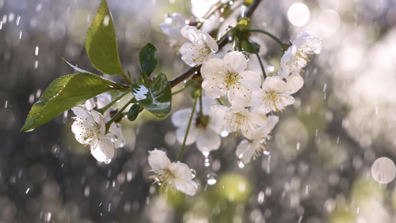 체리 꽃 기간: 봄 방울이 체리 꽃에 떨어지는 슈퍼 슬로 모션 카메라 1000fps.