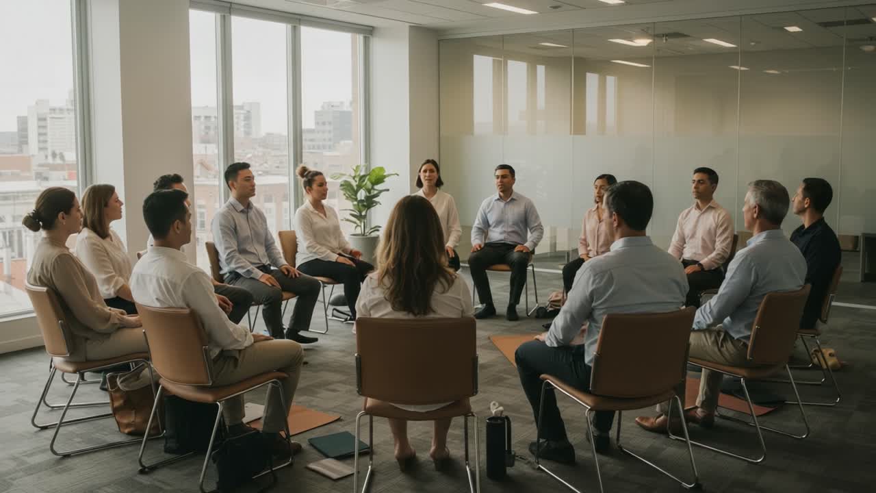 Group Meditation Session in a Modern Office Setting: Participants Engaged in Mindfulness Practice for Relaxation and Team Building Enhancements