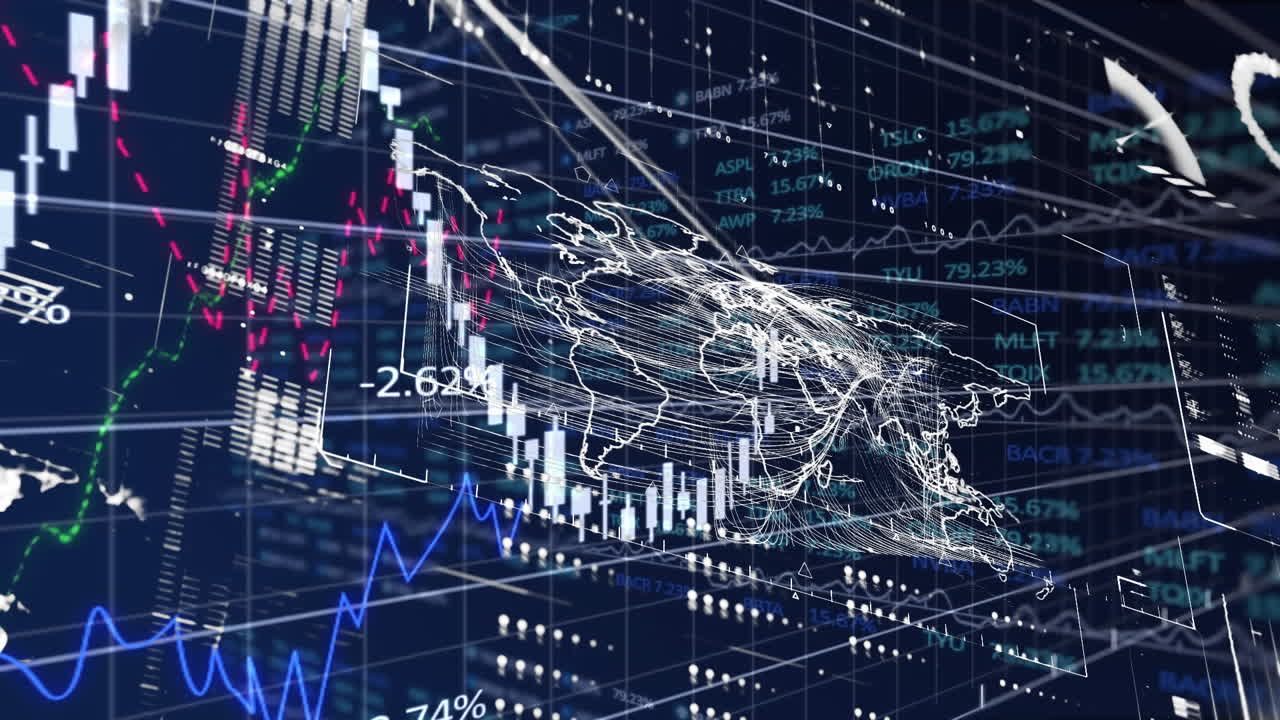Animation of interface with financial and stock market data processing over world map