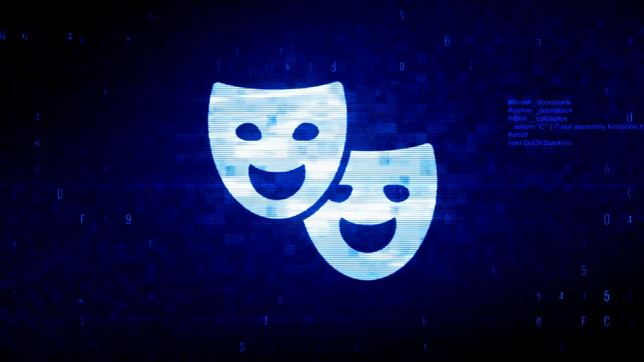 el símbolo de la máscara de teatro es una animación de error de ruido de píxeles digitales.