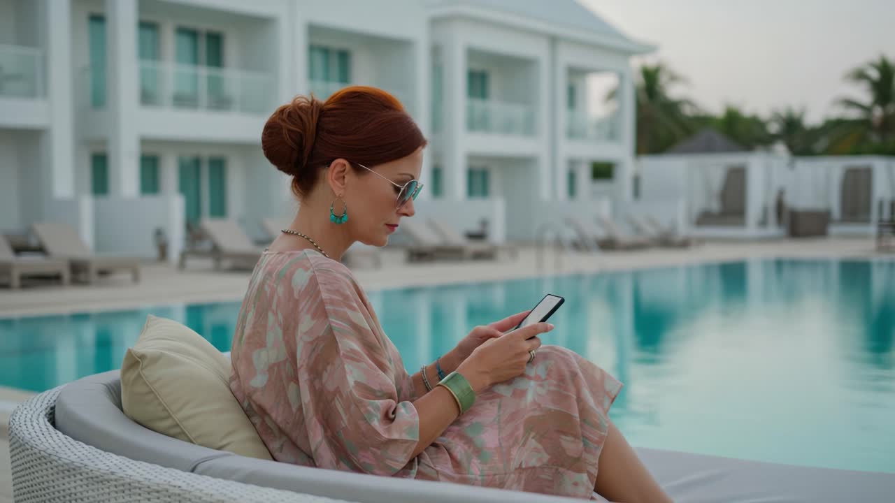 A Stylish Woman Relaxing by the Poolside, Engrossed in Her Phone While Enjoying the Calm Atmosphere of a Luxurious Vacation Retreat