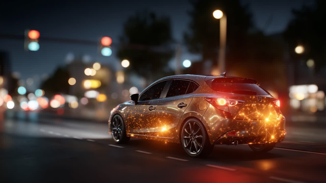 Un'auto futuristica adornata di luci scintillanti che sfreccia di notte per le vie della città, circondata da semafori luminosi e dalla vivace vita urbana