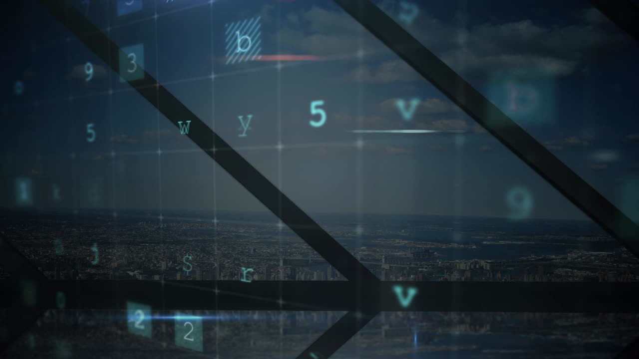 Animazione del testo 'crimine informatico' su paesaggio urbano