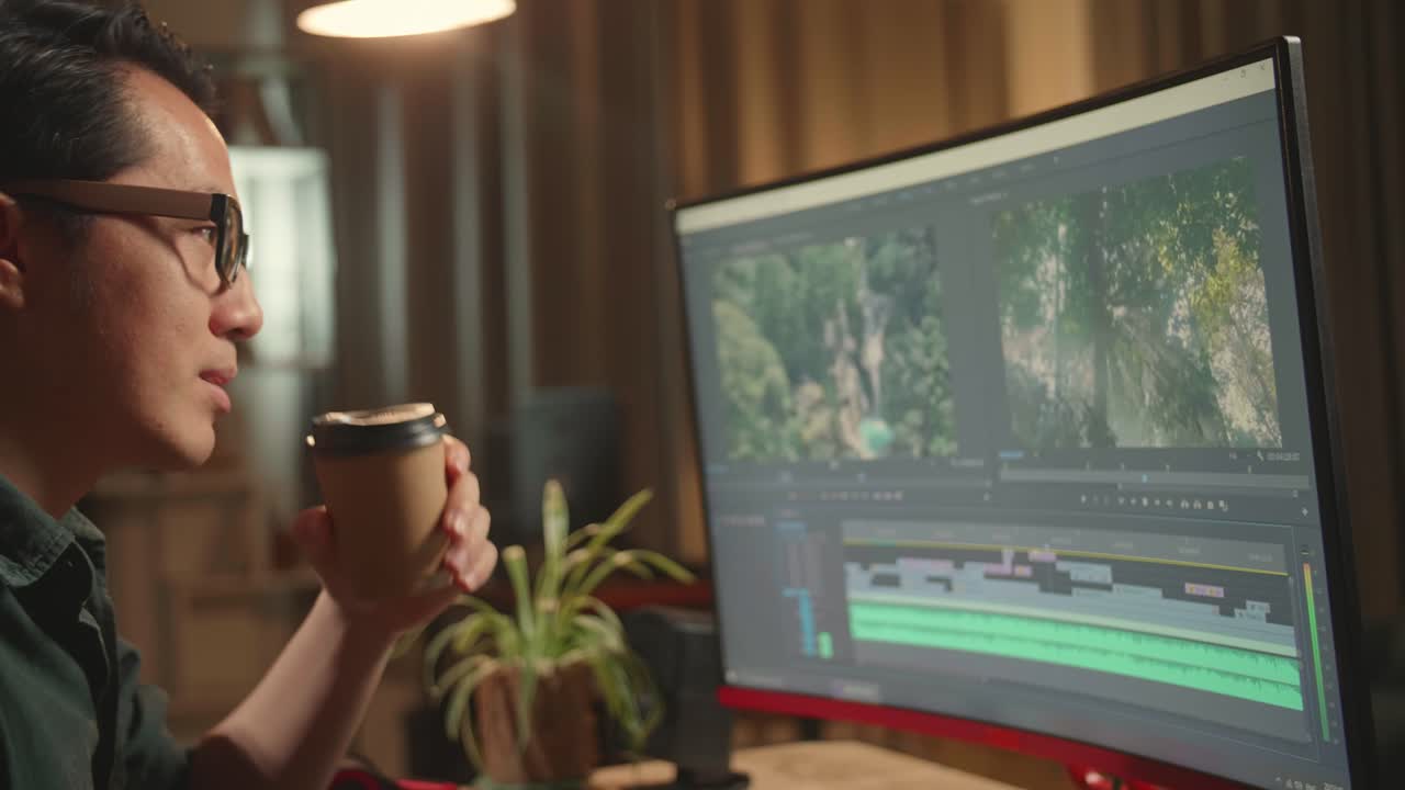 Asian Male Video Editor Works And Drinking Coffee With His Personal Computer, He Works Late At Night