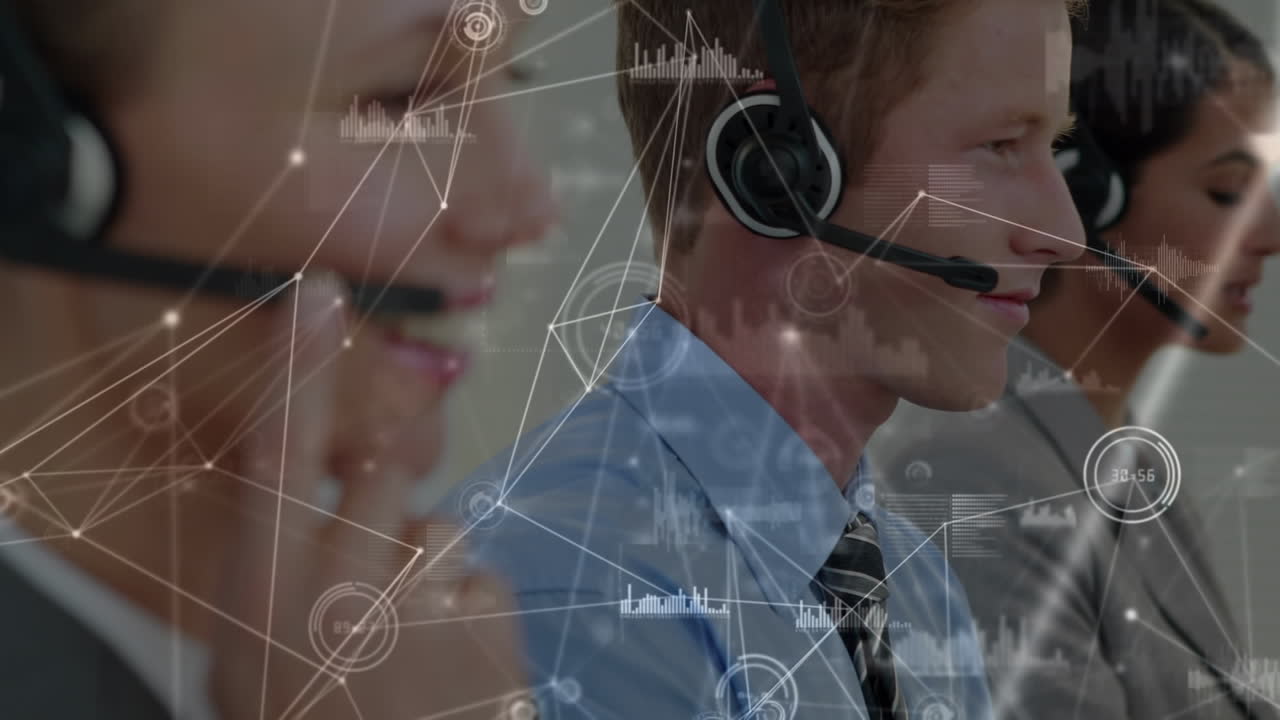 Animation of network of connections over business people wearing phone headsets