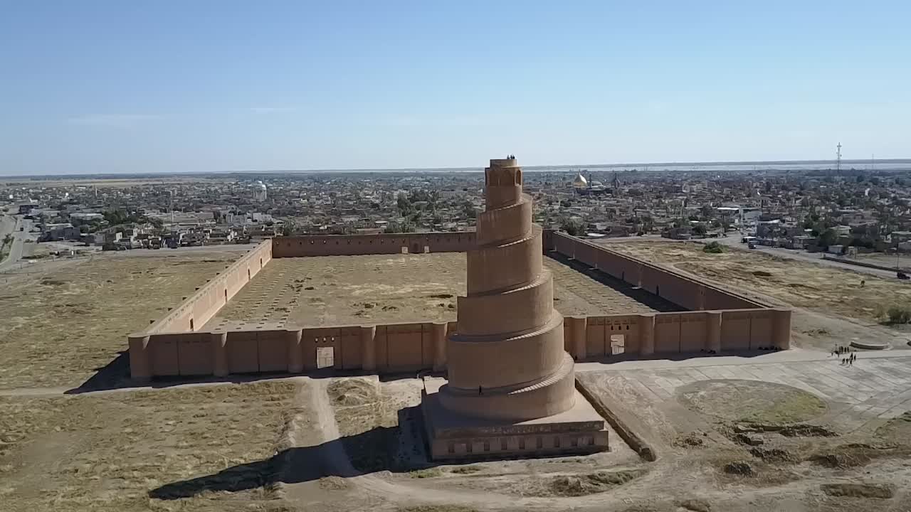 aerial footage of Malwiya Mosque in samarra iraq minaret minaret