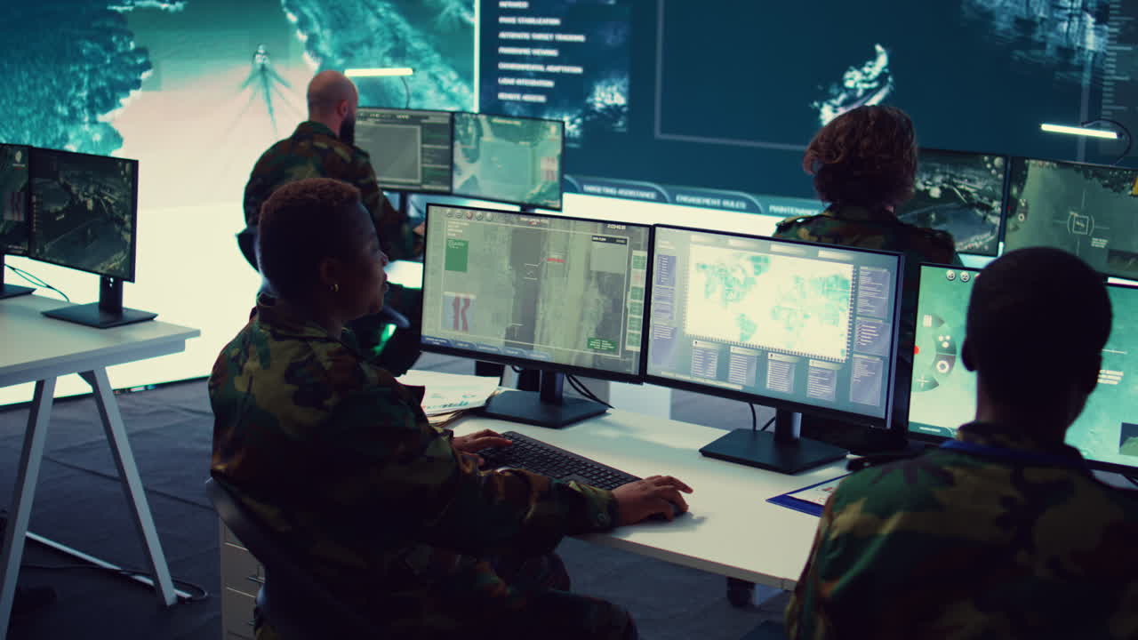 oficial del ejército estableciendo nuevas bases operativas a través de un satélite de mapa del mundo