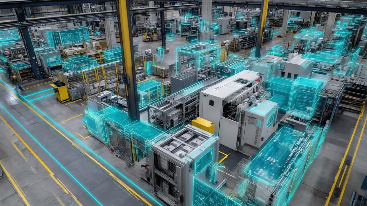 High-Tech Manufacturing Facility Showcasing Advanced Automation and Enhanced Operational Efficiency with Digital Overlay Visualization, Illustrating the Future of Industry and Smart Factories