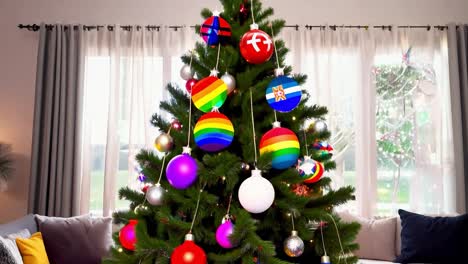 decorated christmas tree featuring rainbow ornaments and a vibrant star on top, creating a festive holiday atmosphere