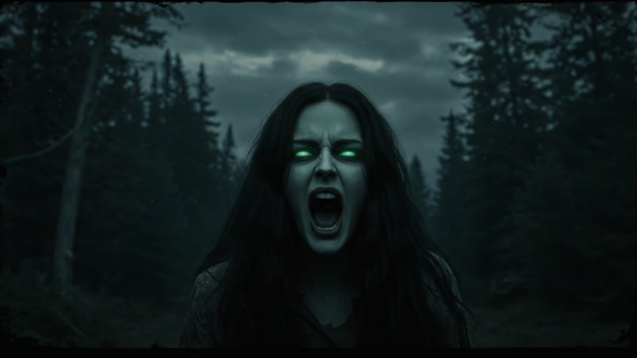 A Frightening Encounter with a Dark Entity in an Enchanted Forest, Highlighting the Haunting Glow of Green Eyes and an Eerie Atmosphere of Mystery and Fear