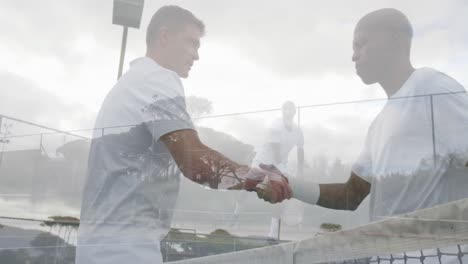 Montage-of-two-diverse-male-friends-playing-tennis-at-outdoor-court,-slow-motion