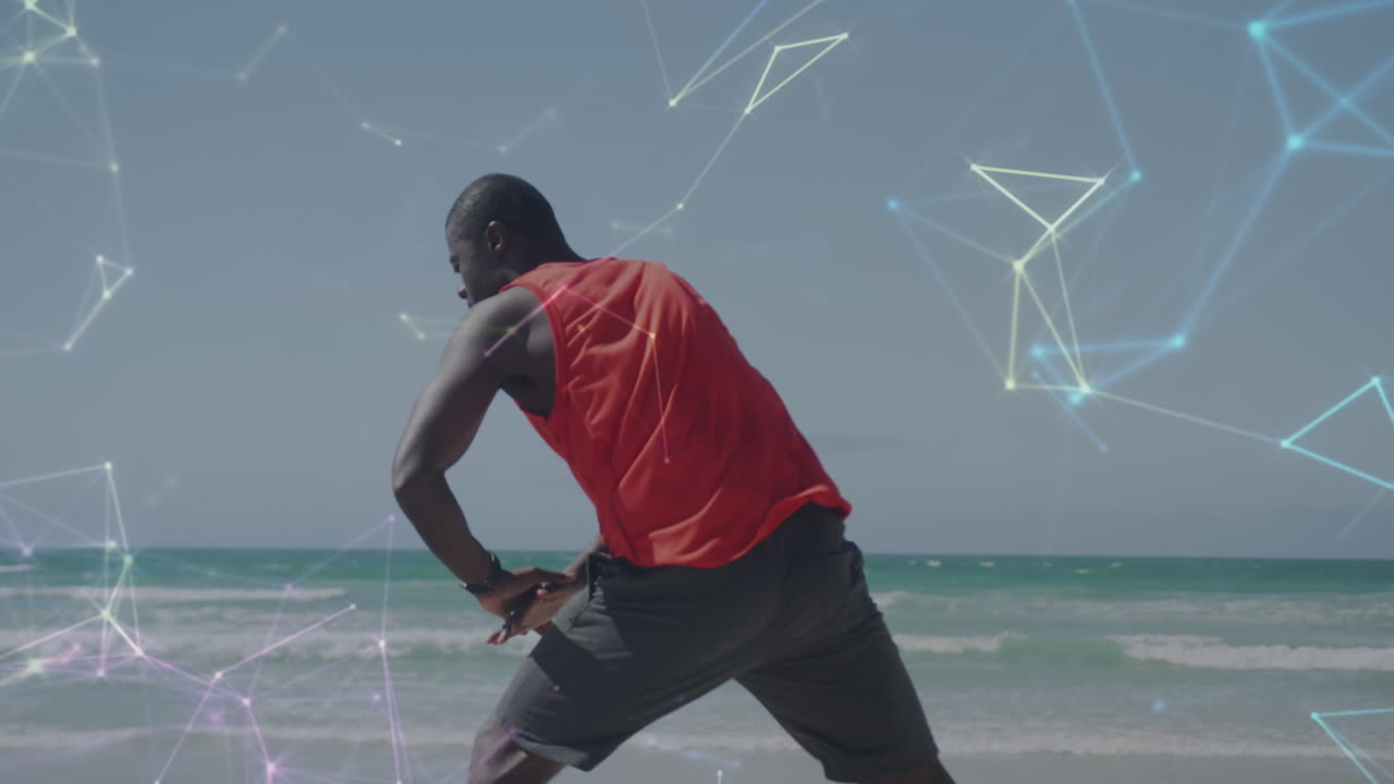 Animation of network of connections over an exercising african american man