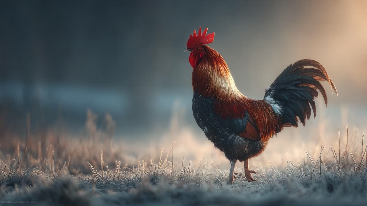 Buzlu bir tarlada gururla duran, yumuşak sabah ışığıyla kucaklanmış, güzel tüylere ve güçlü bir duruşa sahip canlı horoz
