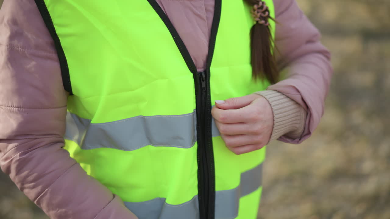Close-up of woman in pink padded jacket fastening zipper on bright yellow reflective safety vest outdoors, preparing for visibility and protection during outdoor