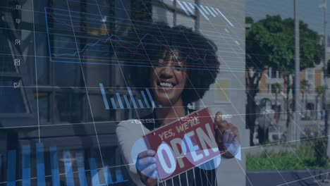 animation of data processing over happy african american woman opening shop