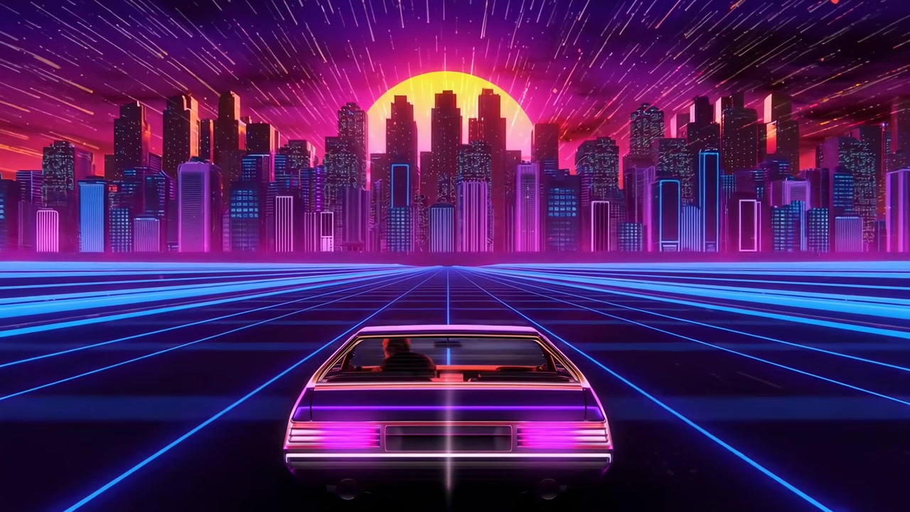 Auto Retro Synthwave che Guida Verso una Città Neon Futuristica