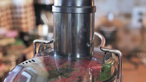 close up of fresh, organic produce being pressed into juicer